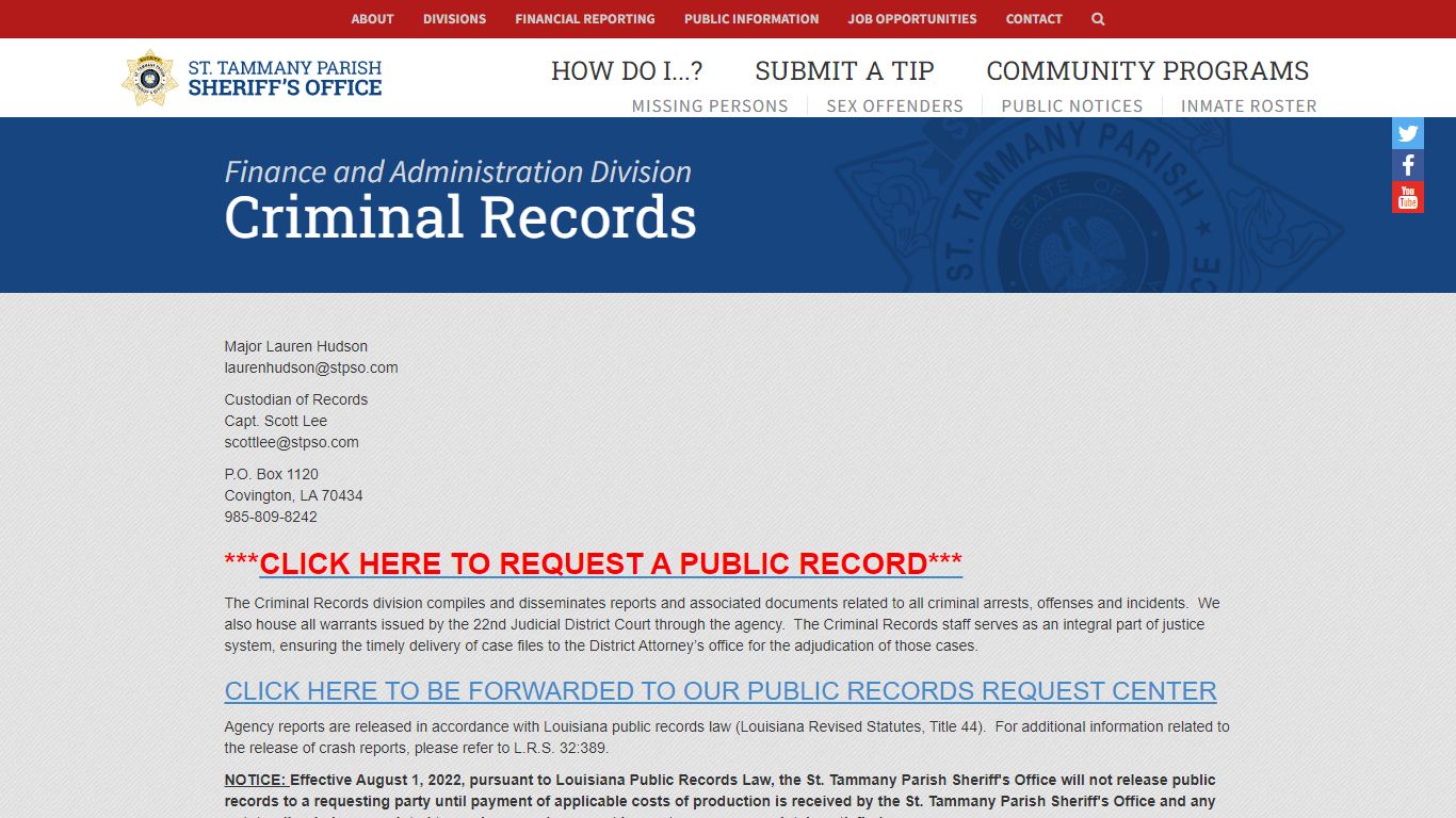 Criminal Records - St. Tammany Parish Sheriff's Office